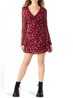 NWT Betsey Johnson Burgundy Babydoll Dress with Gold Floral Print